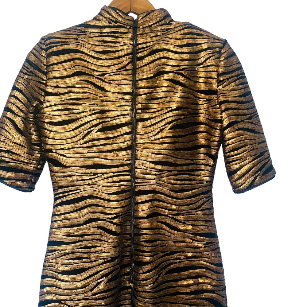 Alice & Olivia Gold Bronze Sequin Stripe Velvet Inka Evening Mini Dress - Picture 10 of 16